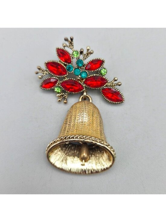 Monet Jewelry - Vintage Monet Christmas Bell Brooch Red Green Rhinestones Holiday Pin